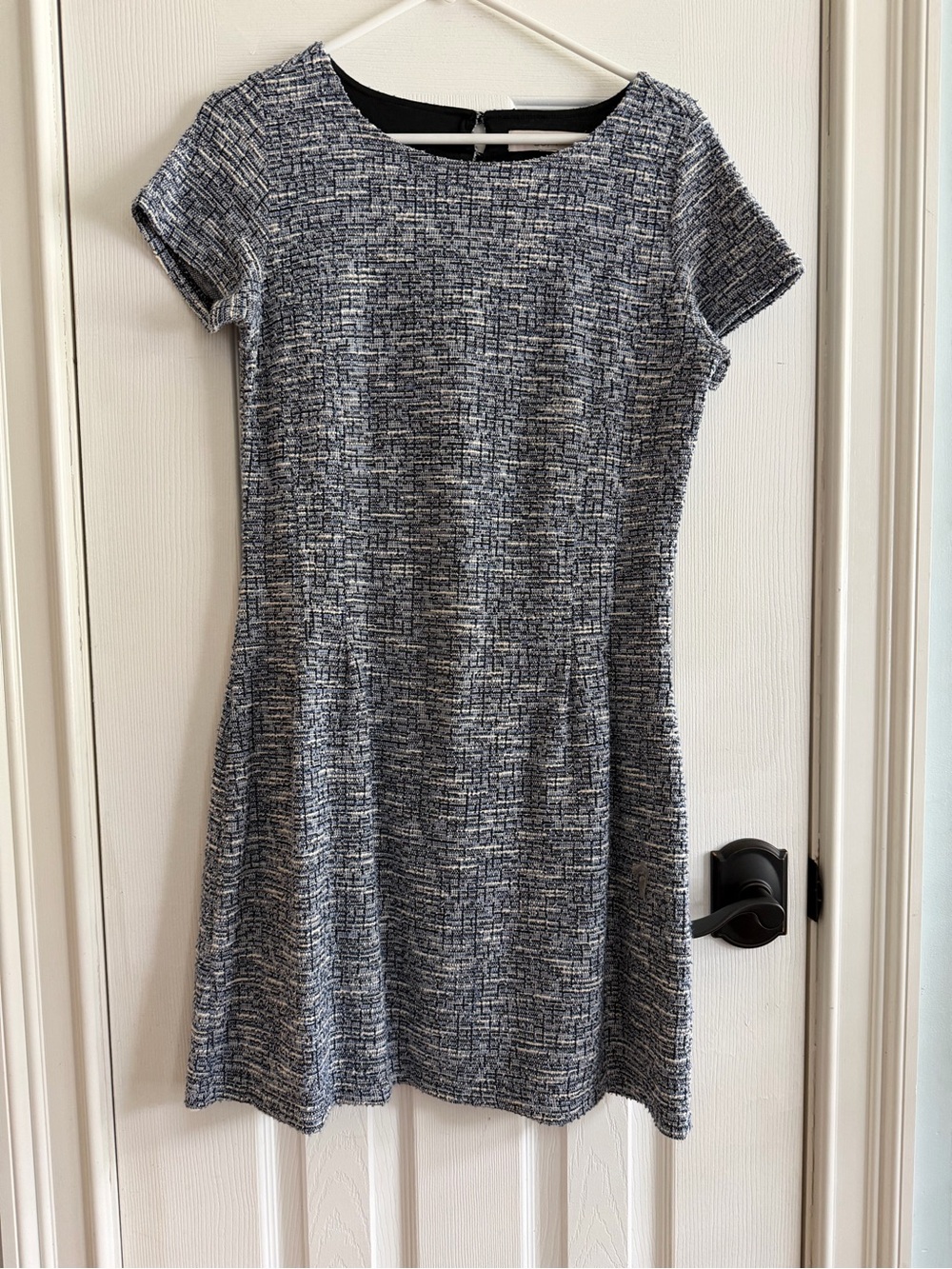 Classic Textured Short-Sleeve A-Line Dress in Navy and White 36 inches long